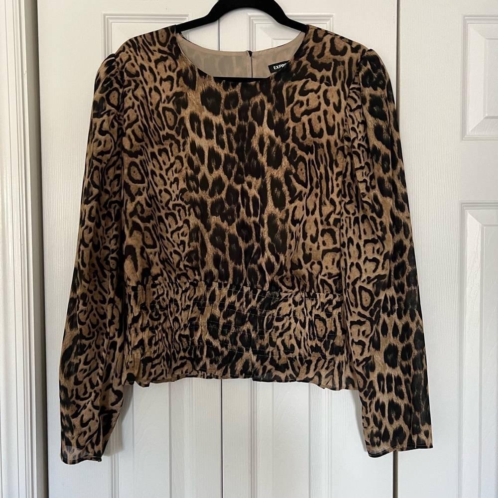 Express Leopard Print Long Sleeve Blouse - Brown and Black